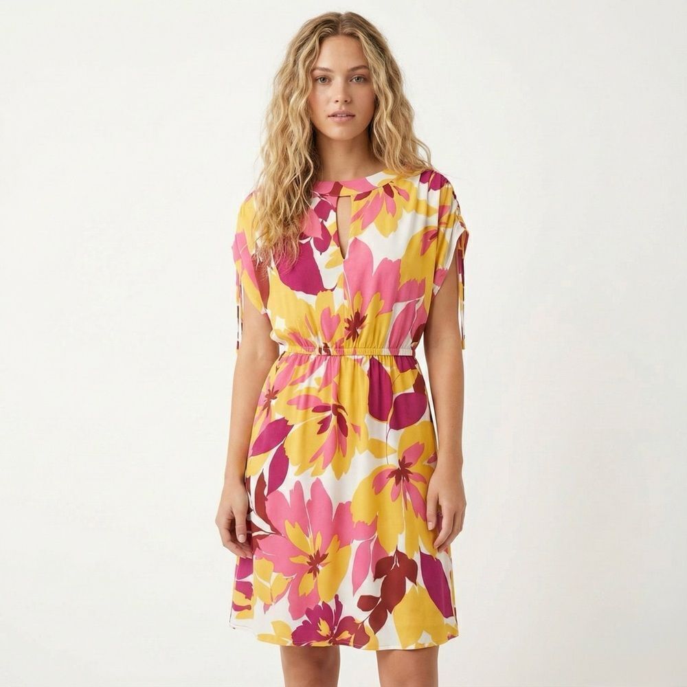 Maggy London Floral Matte Jersey Mini Dress 8 NWT Yellow Pink Short Sleeve
